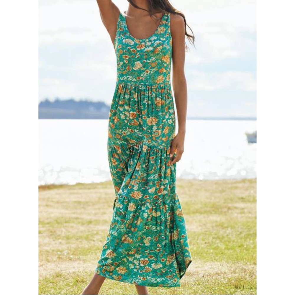 Peruvian Connection Jade Garden Dress Floral Green Tiered Boho Cottage Core M